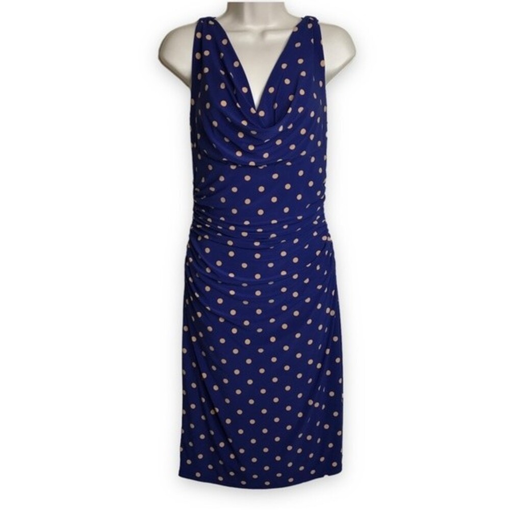 Lauren Ralph Lauren Blue Tan Polka Dot Ruched Bodycon Cowl Neck Dress Women 6